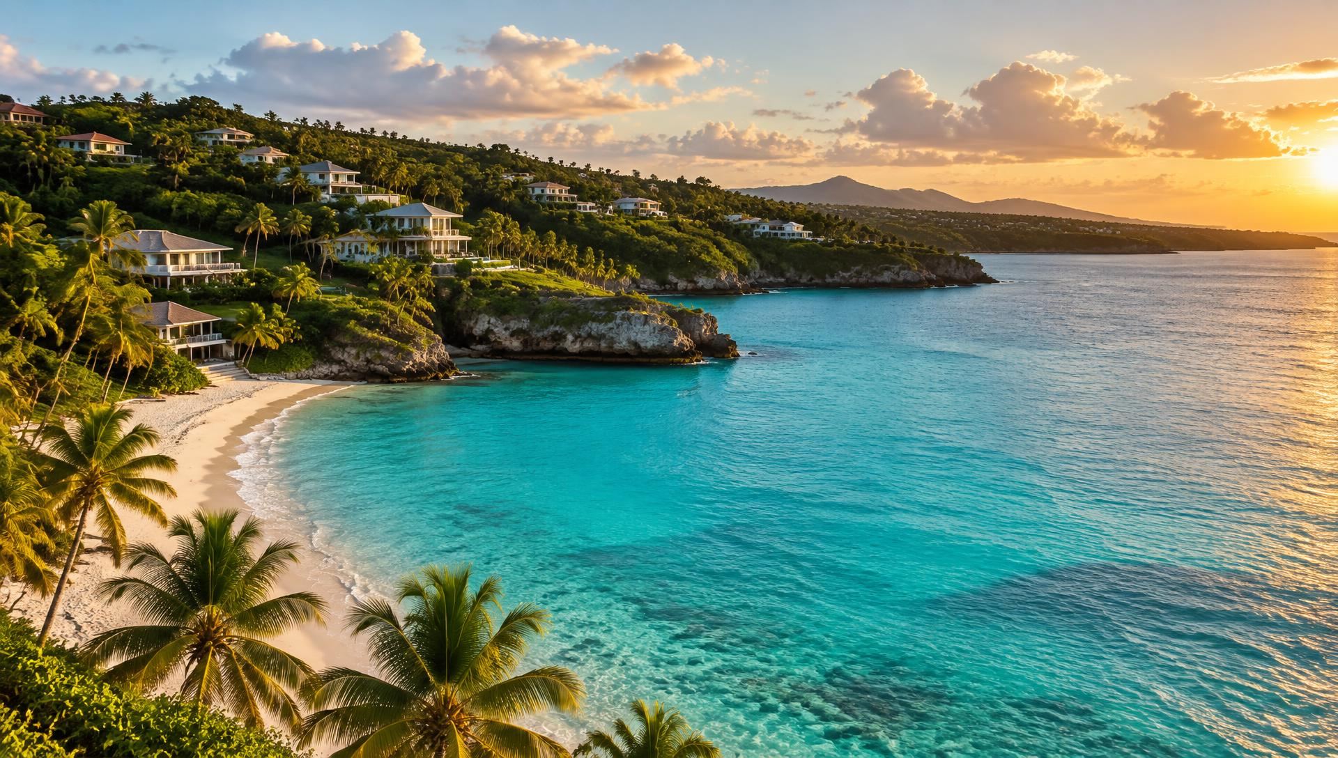 Turquoise bay and hillside homes on the Dominican Republic north coast
